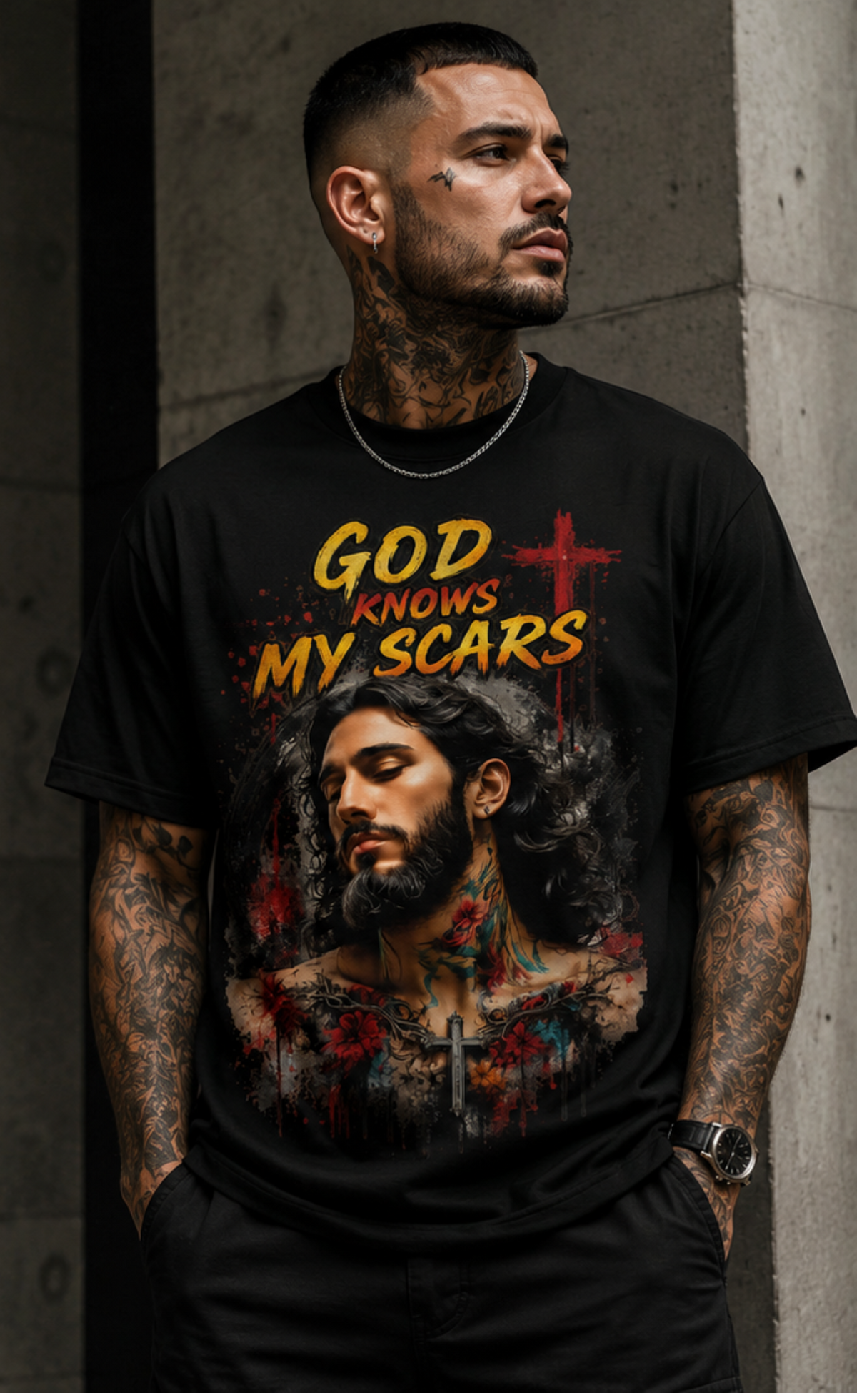 A man with tattoos wearing a black graphic t-shirt that reads 'GOD KNOWS MY SCARS' with a large artistic print of Jesus on the front, standing against a concrete wall.