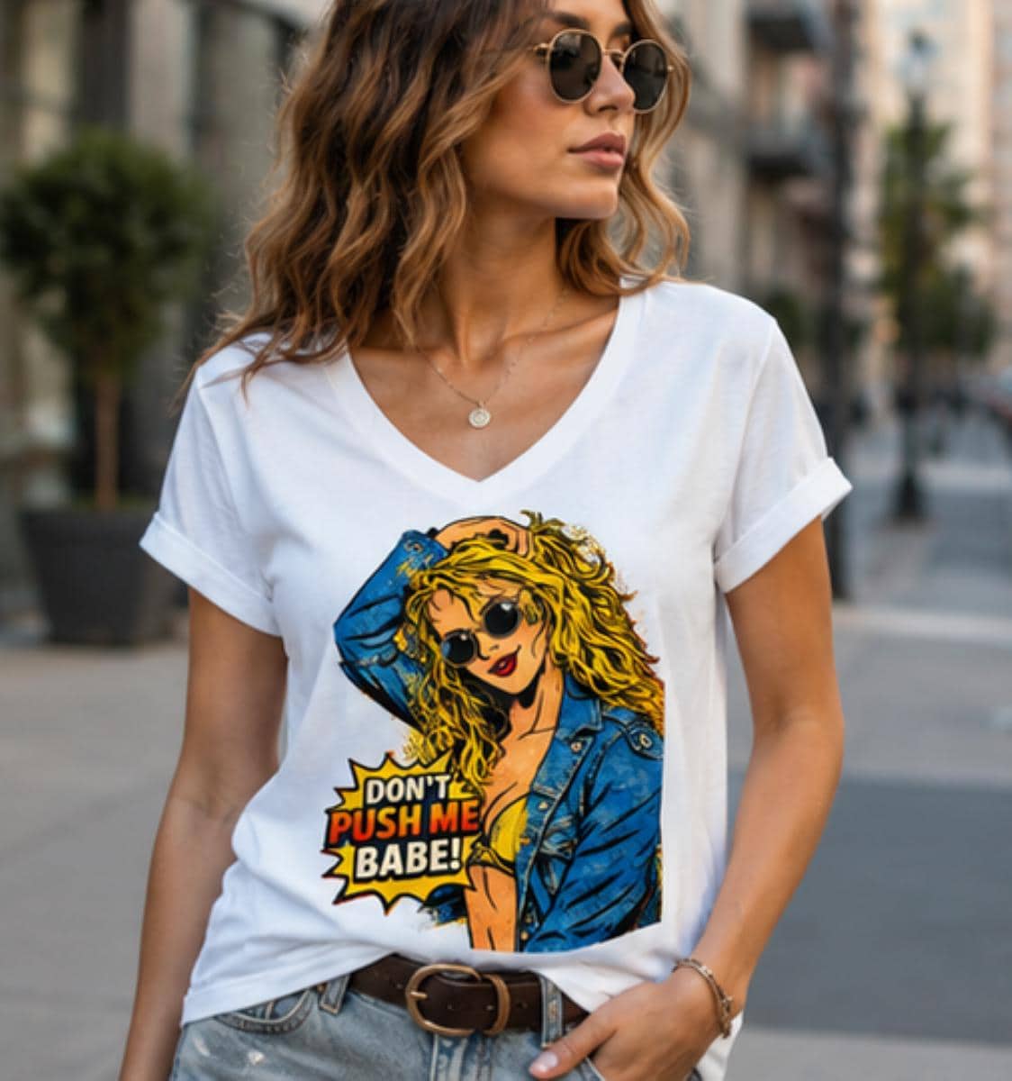 Don't Push Me, Babe - V-Neck T-Shirt __etsy:8155593679