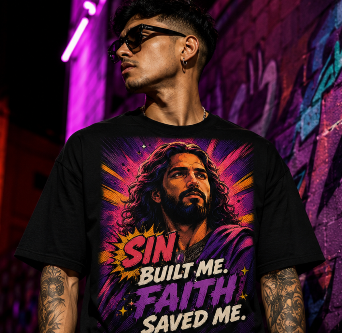 A man wearing a black graphic t-shirt with a colorful print of Jesus and the text 'SIN BUILT ME. FAITH SAVED ME.
